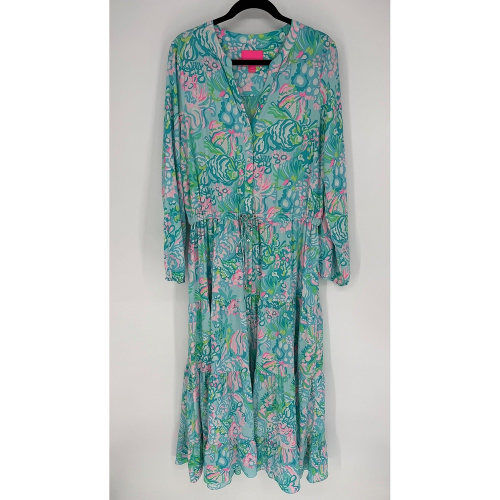 LILLY PULITZER CORI STRETCH SHIRT DRESS AQUA LA VISTA SZ 14 AIRY SUMMER COASTAL